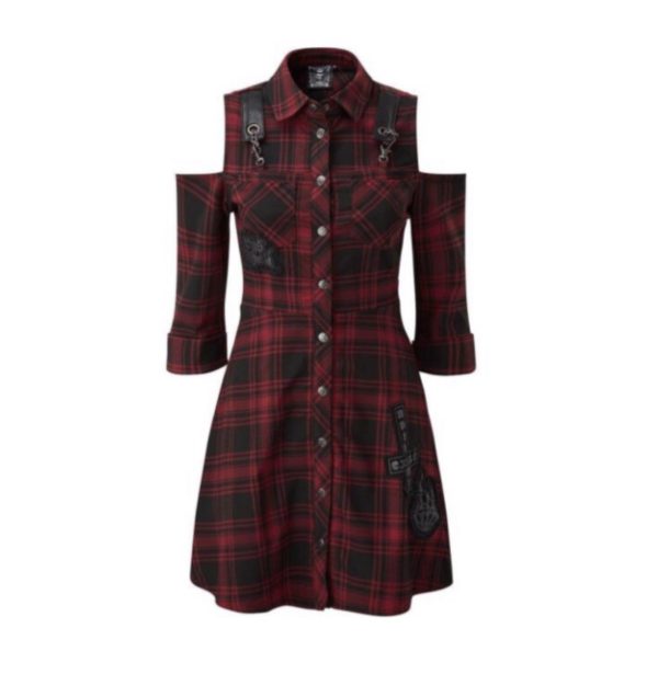 OCTAVE Gothic Long Checkered Dress with Chain (Ladies) (Red)