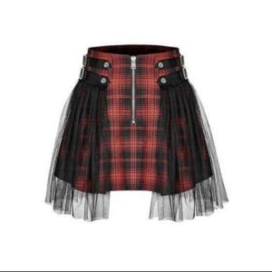 OCTAVE Gothic Checkered Mini Skirt with Net (Ladies) (Red)