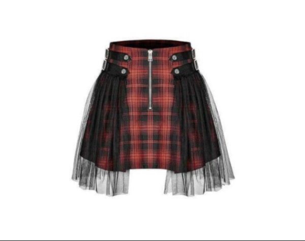 OCTAVE Gothic Checkered Mini Skirt with Net (Ladies) (Red)
