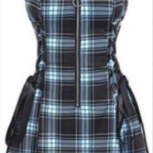 OCTAVE Gothic Checkered Mini Dress Zipped Chest with Black Lace (Ladies) (Blue)