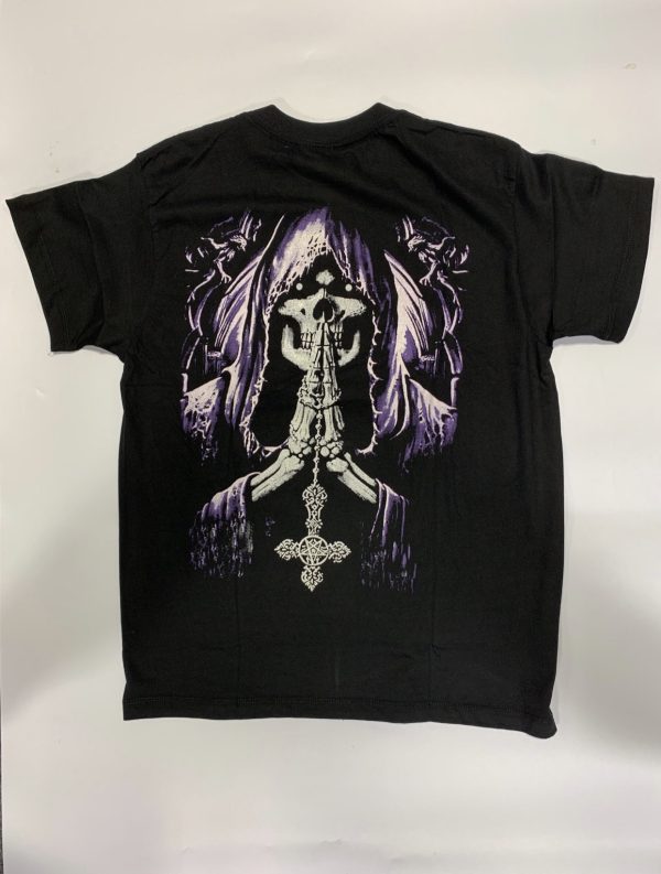 Gothic Designs Grim Reaper Priest Cross Prayers Gothic T-shirt (Purple/Black) - Image 2