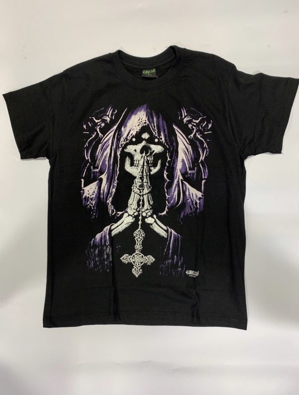 Gothic Designs Grim Reaper Priest Cross Prayers Gothic T-shirt (Purple/Black)