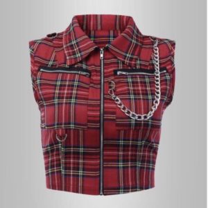 OCTAVE Gothic Checkered Zip Up Collar Vest with Chain (Ladies) (Red)