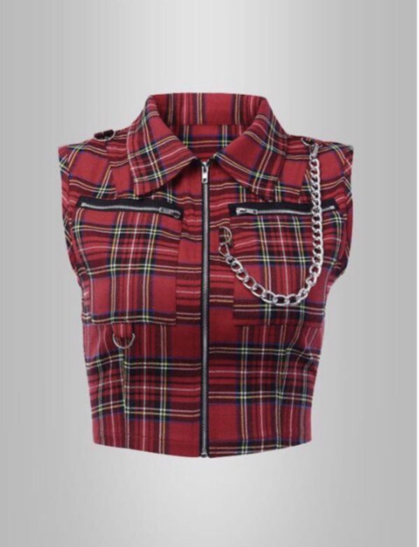 OCTAVE Gothic Checkered Zip Up Collar Vest with Chain (Ladies) (Red)