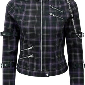 Tartan Purple Zip Buckles Jacket