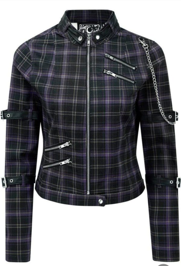 Tartan Purple Zip Buckles Jacket
