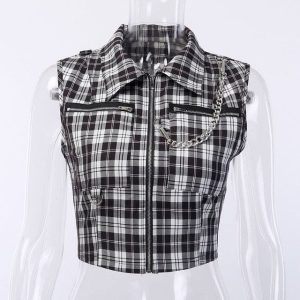 Black and White Tartan Chained Short Top
