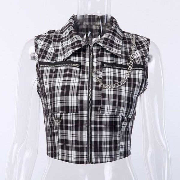 Black and White Tartan Chained Short Top