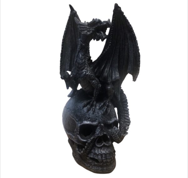 SACRED Black Skull Dragon Sitting On Skull Light Up Ornament (17cm)