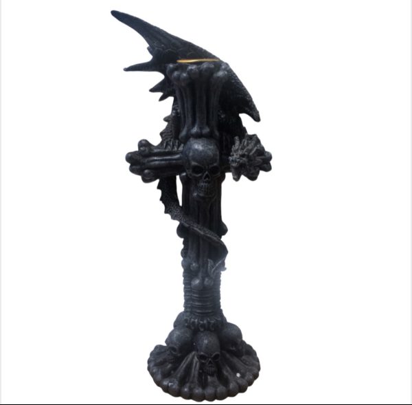 SACRED Black Skull Dragon Candle Holder Ornament (24cm)
