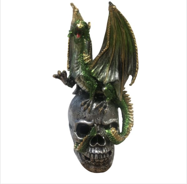 SACRED Silver Skull Green Dragon On Skull Light Up Ornament (17cm)